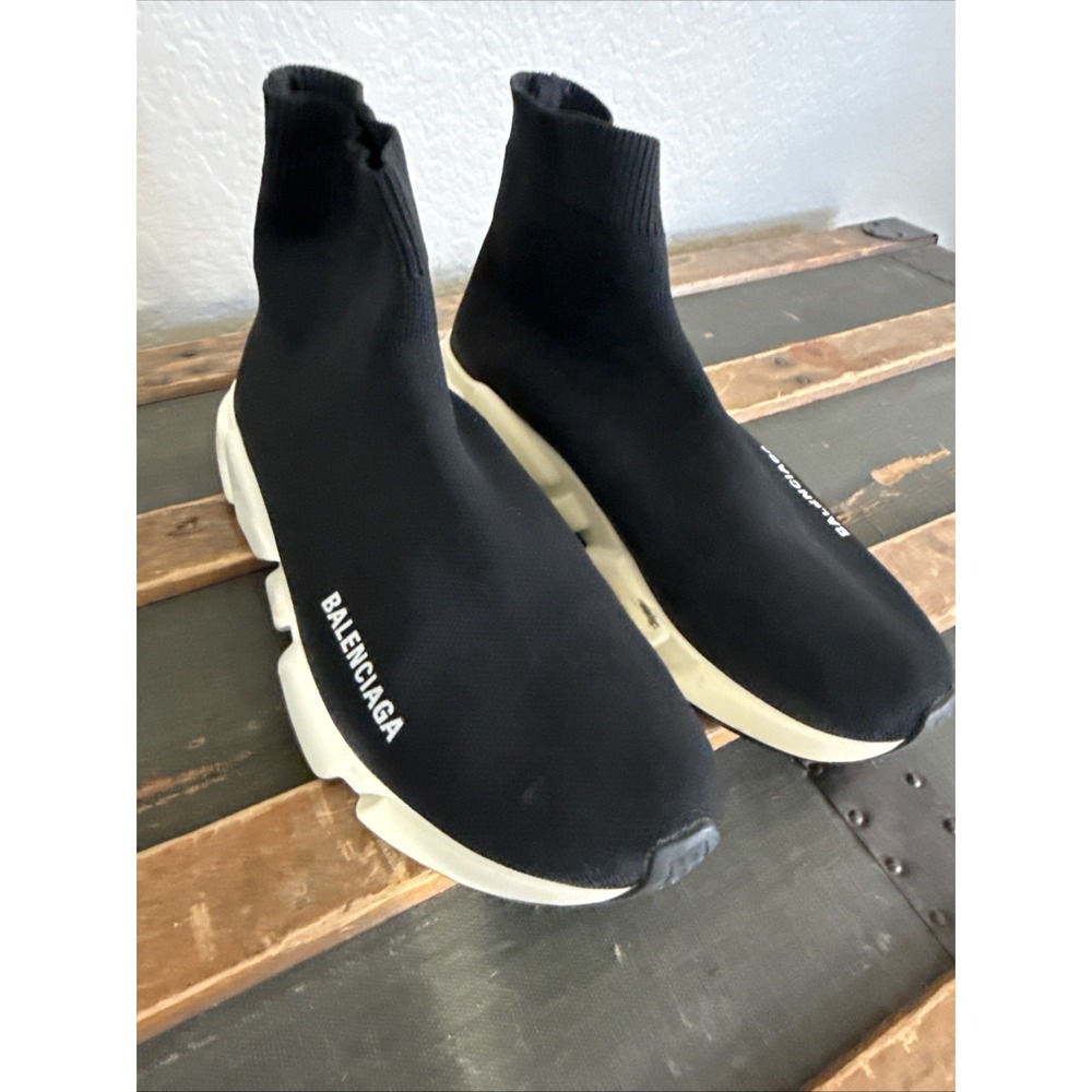 Balenciaga Speed Trainer Black White High Top Knit Sneakers Rubber Sole Sz 7.5 - Picture 14 of 14